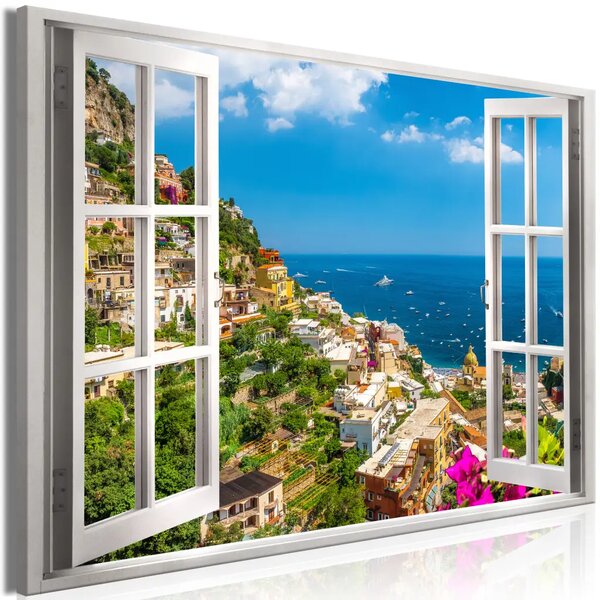 Positano - vista da una finestra sul paesaggio mediterraneo italiano con mare