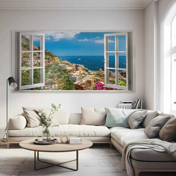 Positano II - vista da una finestra sul paesaggio mediterraneo italiano con mare