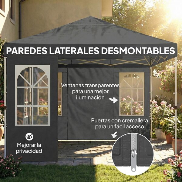 Outsunny Tenda Pieghevole 3x3 m Pop-up con UPF50+ 4 Pannelli Rimovibili Altezza Regolabile e Borsa da Trasporto Grigio Scuro | Aosom Italy