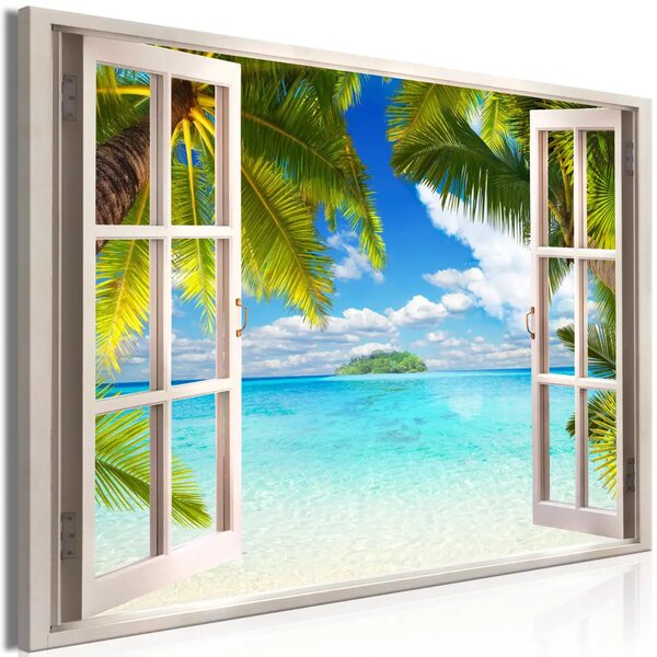 Finestra: vista sul mare - paesaggio tropicale con acqua azzurra e foglie di palma