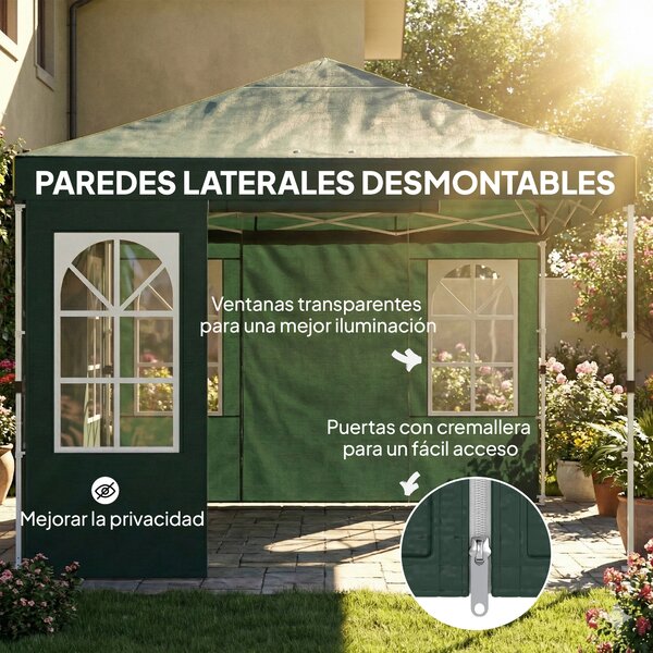 Outsunny Gazebo Pieghevole 3x3 m Pop-up con UPF50+ 4 Laterali Rimovibili Altezza Regolabile e Borsa per Trasporto Verde | Aosom Italy