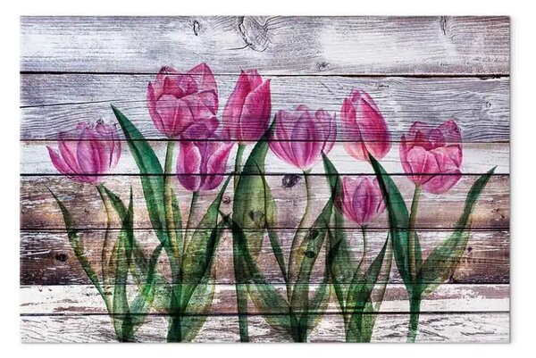 Quadro contemporaneo Poesia primaverile largo - tulipani su sfondo di legno