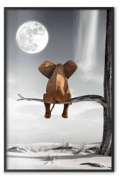 Poster: Elefante e luna - fantasia con animale africano su sfondo desertico
