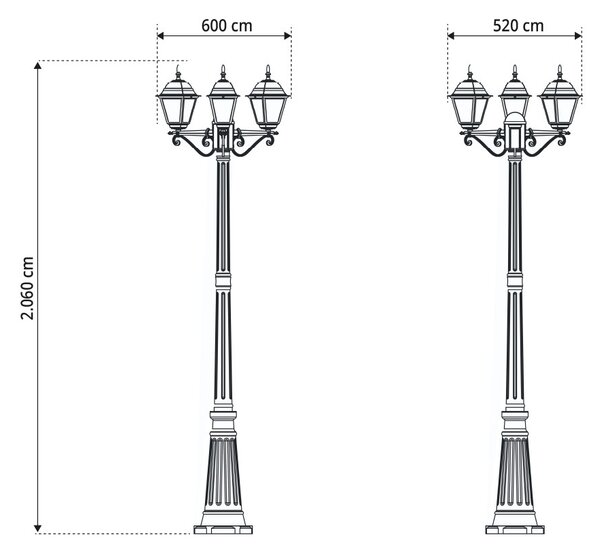 Lampione Storico con 3 Lanterne 200cm E27 IP54 Nero - Serie ALFIERI