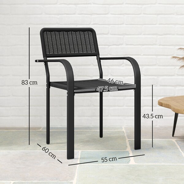 Outsunny Set di 4 Sedie da Giardino Esterno Impilabili con Braccioli Schienale e Telaio in Acciaio 55x60x83 cm Nero | Aosom Italy
