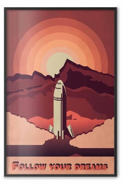Poster: Viaggio nello Spazio - paesaggio in bianco e nero con razzo