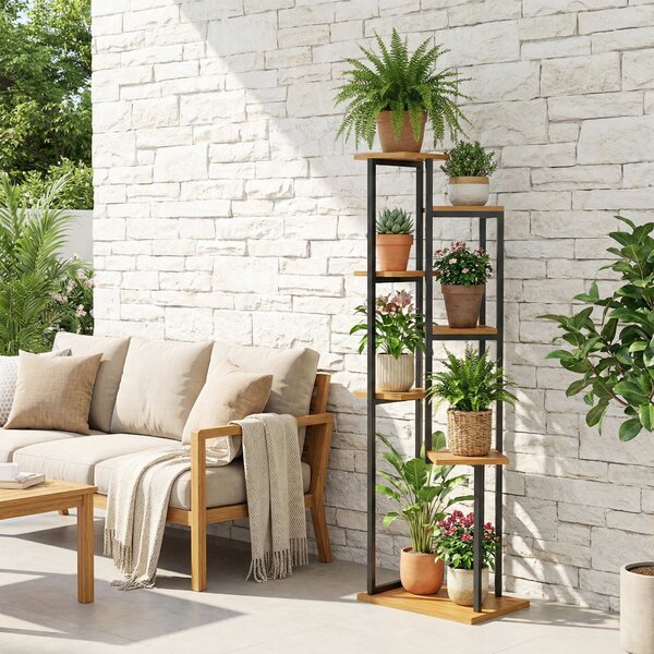 Outsunny Supporto per piante a 7 livelli, 130 cm di altezza, Scaffale per piante a gradini in legno, multi-piano Marrone chiaro | Aosom Italy
