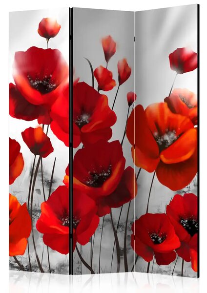 Paravento design Maki al chiaro di luna - fiori rossi su sfondo grigio