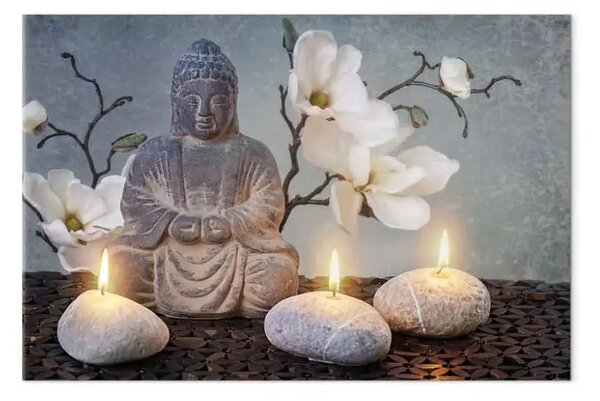 Quadro su tela Buddha e pietre largo - scultura grigia in stile Zen