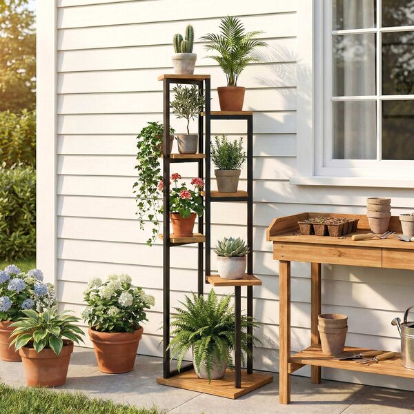 Outsunny Supporto per piante a 7 livelli, 130 cm di altezza, Scaffale per piante a gradini in legno, multi-piano Marrone chiaro | Aosom Italy