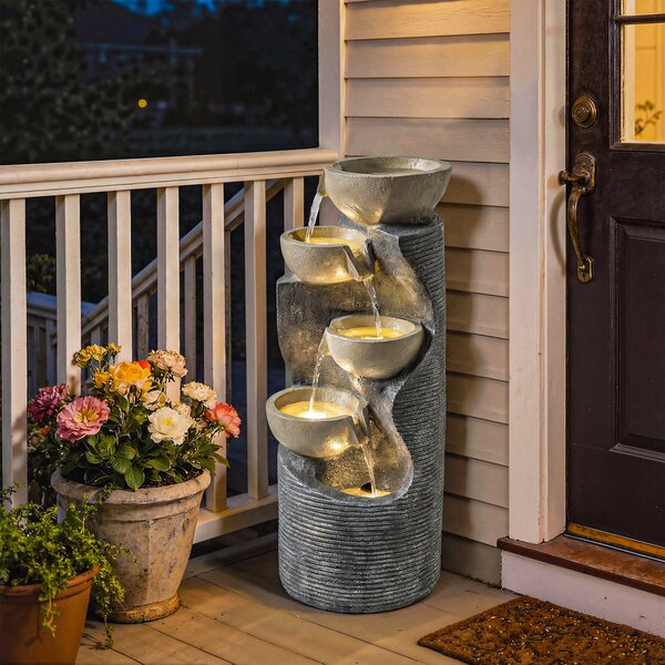 Outsunny Fontana a 5 livelli da giardino con illuminazione LED Pompa Effetto pietra, Regolabile 33 x 31 x 80 cm | Aosom Italy