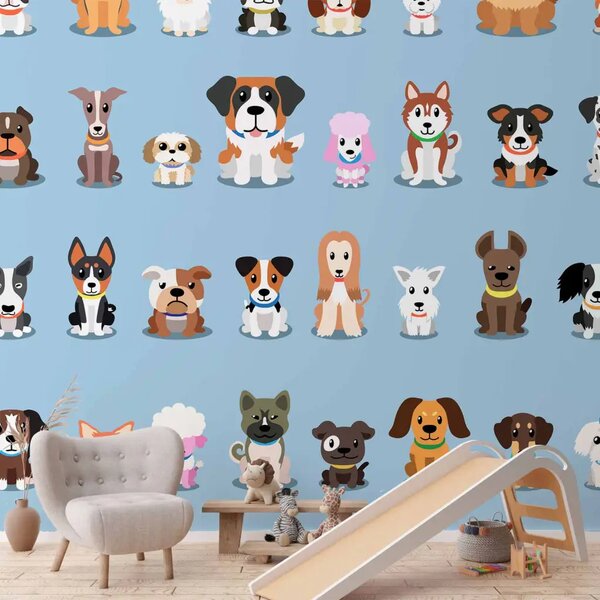 Carta da parati Animali felici - cani colorati su sfondo uniforme in blu