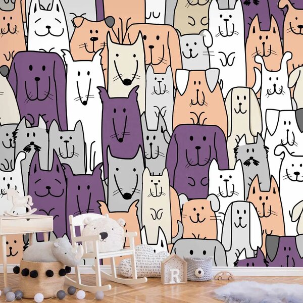 Carta da parati moderna Animali simpatici - divertente astratto con cani nei toni caldi