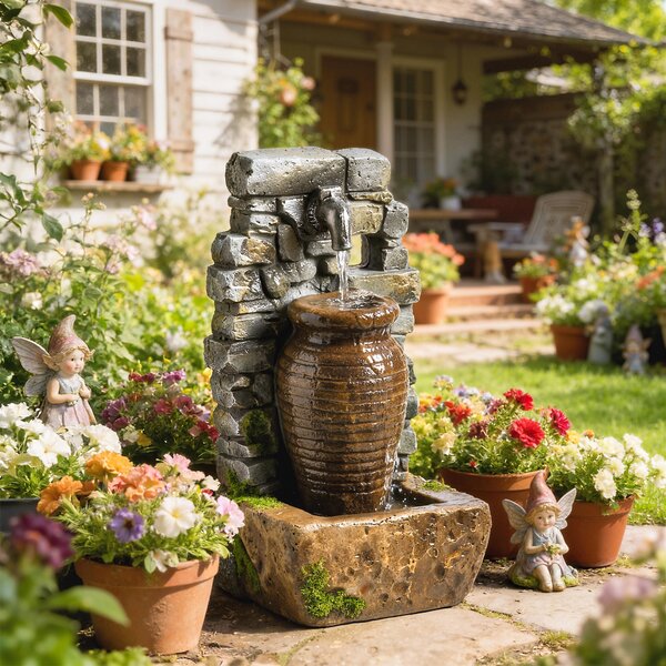Outsunny Fontana da giardino con flusso d'acqua regolabile e parete in pietra rustica a 3 livelli dal design a anfora | Aosom Italy