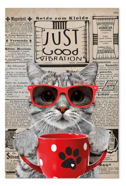 Quadro Gatto con caffè verticale - animale astratto con occhiali