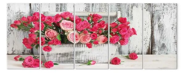 Quadro su tela Rose in vaso (5 pezzi) largo - fiori rosa in stile vintage