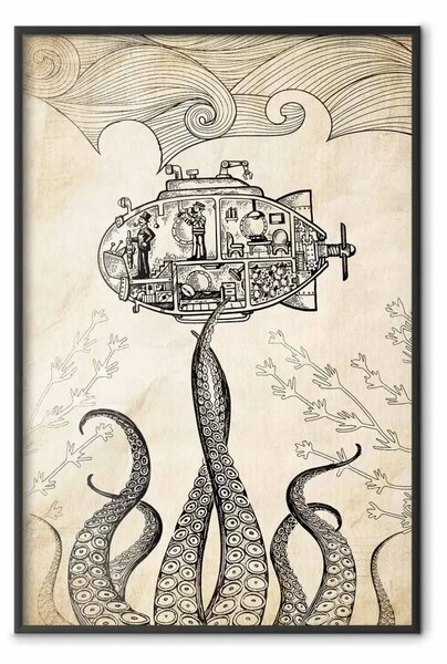 Poster: Barca sottomarina vintage - astrazione marina con mare in seppia