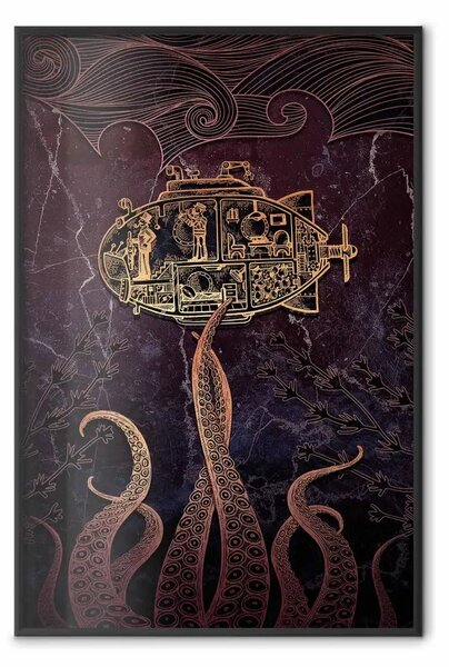 Poster: Barca dorata sottomarina - astrazione marina con oceano e polpo