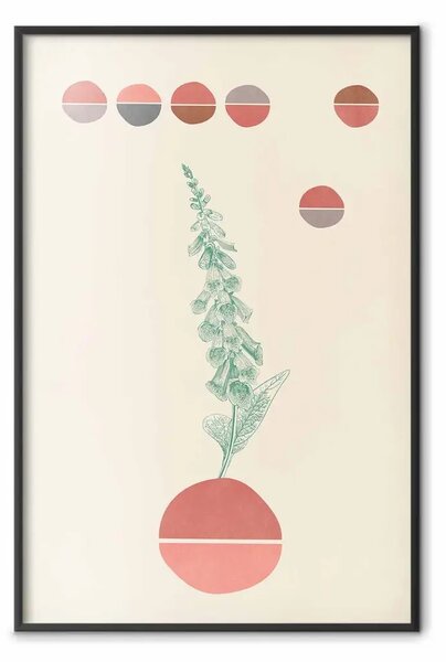 Poster: Campanule - astrazione con pianta verde e cerchi nei colori caldi