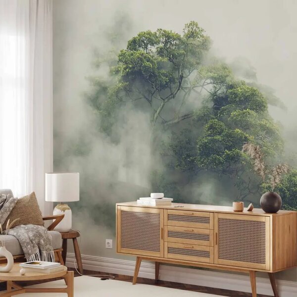 Carta da parati moderna Amazzonia nebbiosa - foresta tropicale avvolta nella nebbia tra gli alberi