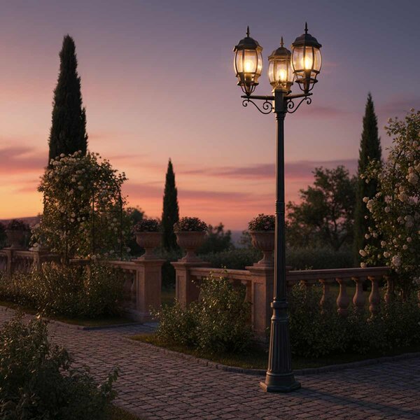 Lampione Storico con 3 Lanterne 215cm E27 IP54 Verde Anticato - Serie BELLINI