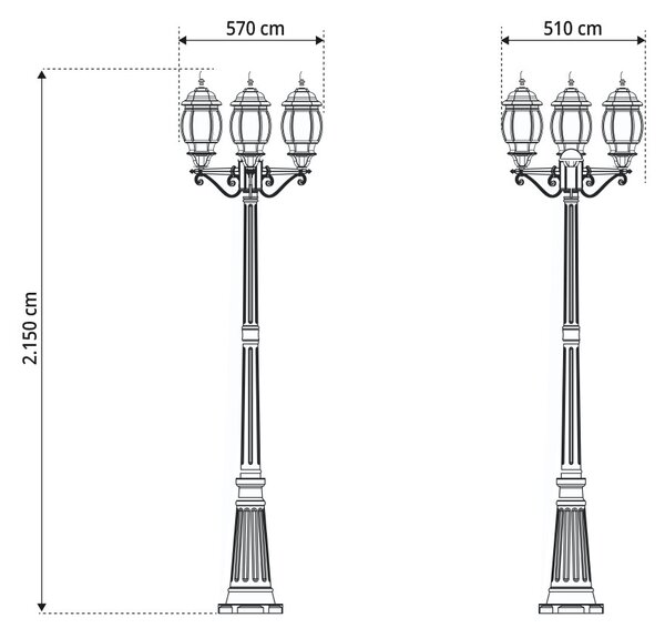 Lampione Storico con 3 Lanterne 215cm E27 IP54 Verde Anticato - Serie BELLINI