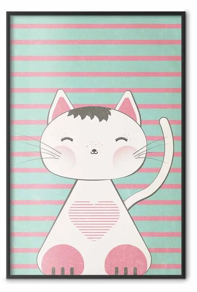 Poster: Gatto a strisce - animale con cuore su sfondo a strisce turchese