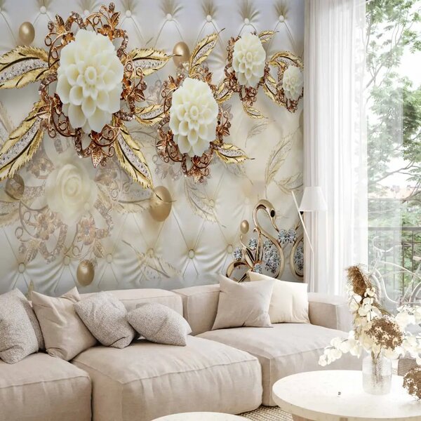 Carta da parati Eleganza - astratto con texture trapuntata e ornamenti dorati