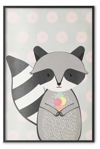 Poster: Orsetto goloso - animale grigio divertente con gelato su sfondo a pois