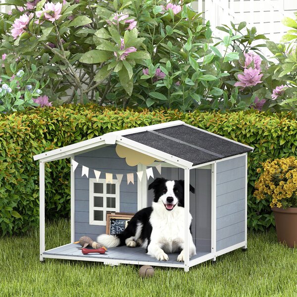 PawHut Cuccia resistente alle intemperie rialzata in legno con tetto in asfalto, terrazza, per cani di taglia media 103x107x83,5cm Grigio | Aosom Italy