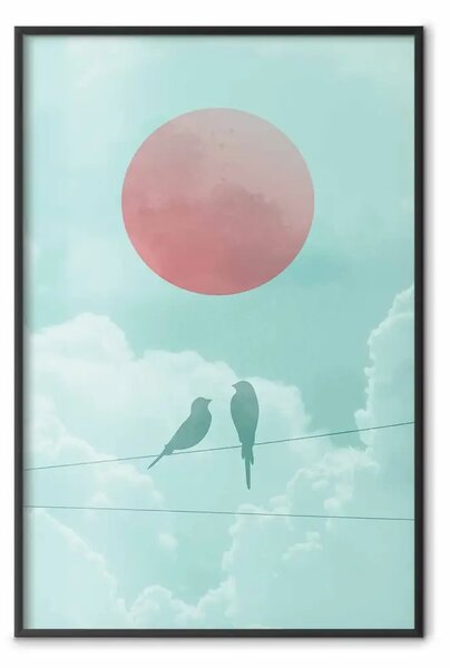 Poster: Tramonto pastello - uccelli astratti su sfondo di nuvole blu