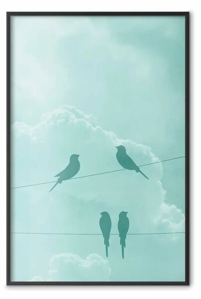 Poster: Cielo celeste - uccelli astratti su sfondo di cielo chiaro e nuvole