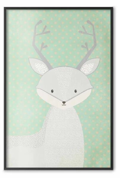 Poster: Giovane cervo - animale grigio divertente su sfondo verde a pois
