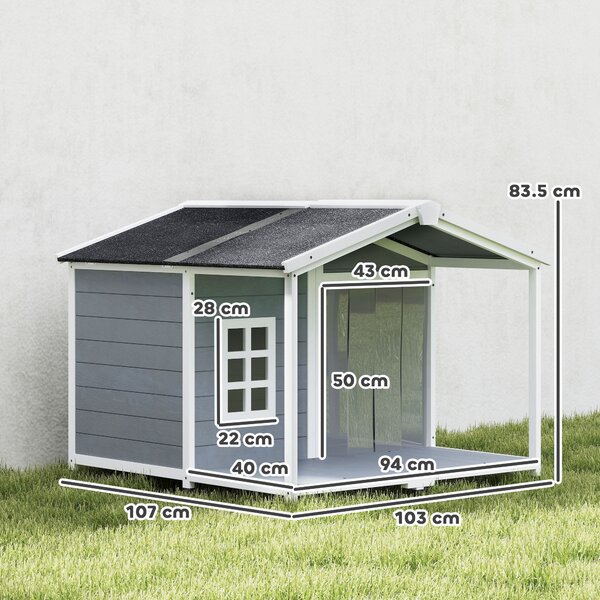 PawHut Cuccia resistente alle intemperie rialzata in legno con tetto in asfalto, terrazza, per cani di taglia media 103x107x83,5cm Grigio | Aosom Italy
