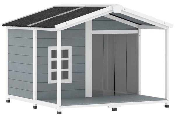 PawHut Cuccia resistente alle intemperie rialzata in legno con tetto in asfalto, terrazza, per cani di taglia media 103x107x83,5cm Grigio | Aosom Italy