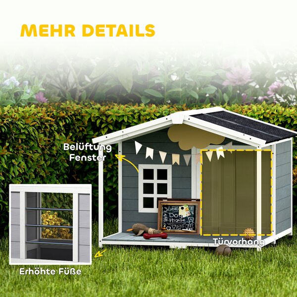 PawHut Cuccia resistente alle intemperie rialzata in legno con tetto in asfalto, terrazza, per cani di taglia media 103x107x83,5cm Grigio | Aosom Italy
