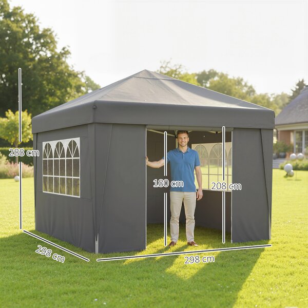 Outsunny Gazebo da giardino pieghevole 3 x 3 x 2,75 m anti-UV 30 + con finestre + pareti laterali + sacco di trasporto grigio scuro | Aosom Italy