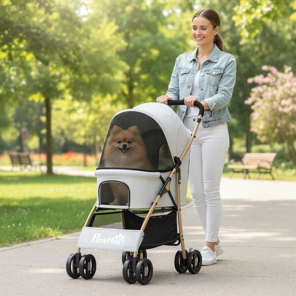 PawHut Passeggino per Animali con 2 Porte Finestra in Rete Cestino Portaoggetti Cintura di Sicurezza 80x44,5x97 cm Grigio Chiaro | Aosom Italy