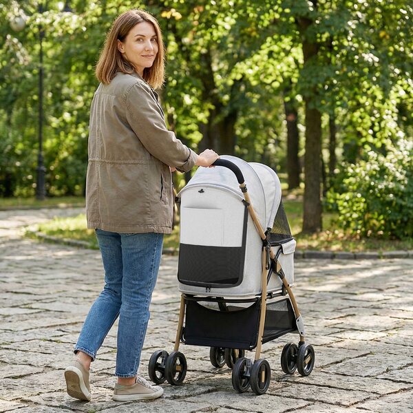 PawHut Passeggino per Animali con 2 Porte Finestra in Rete Cestino Portaoggetti Cintura di Sicurezza 80x44,5x97 cm Grigio Chiaro | Aosom Italy