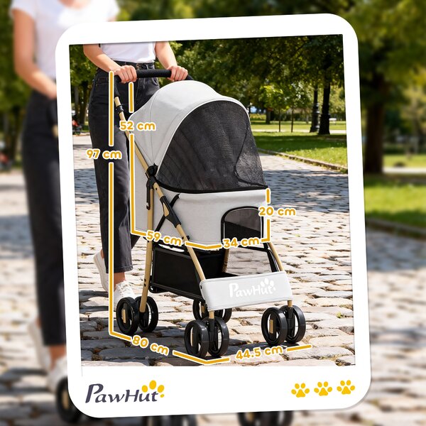 PawHut Passeggino per Animali con 2 Porte Finestra in Rete Cestino Portaoggetti Cintura di Sicurezza 80x44,5x97 cm Grigio Chiaro | Aosom Italy