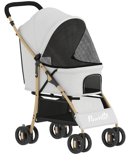 PawHut Passeggino per Animali con 2 Porte Finestra in Rete Cestino Portaoggetti Cintura di Sicurezza 80x44,5x97 cm Grigio Chiaro | Aosom Italy