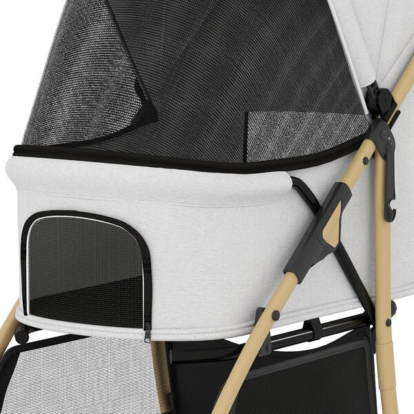 PawHut Passeggino per Animali con 2 Porte Finestra in Rete Cestino Portaoggetti Cintura di Sicurezza 80x44,5x97 cm Grigio Chiaro | Aosom Italy