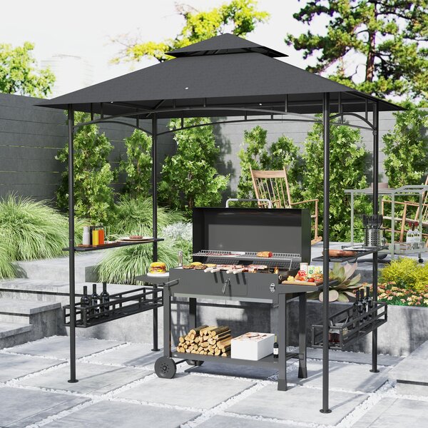 Outsunny Tettoia da barbecue tettuccio per giardino gancio a soffitto ripiani cestini 240 x 150 x 257 cm grigio scuro | Aosom Italy