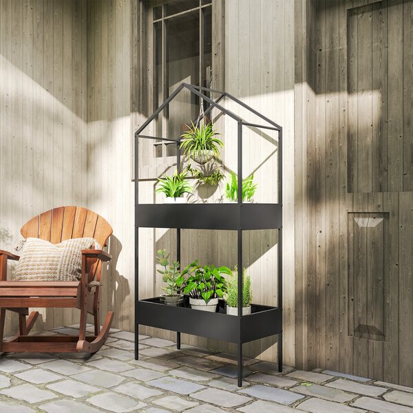 Outsunny Portavaso a 2 livelli a forma di casa, 150 cm di altezza, portafiori con gancio, metallo, Nero | Aosom Italy