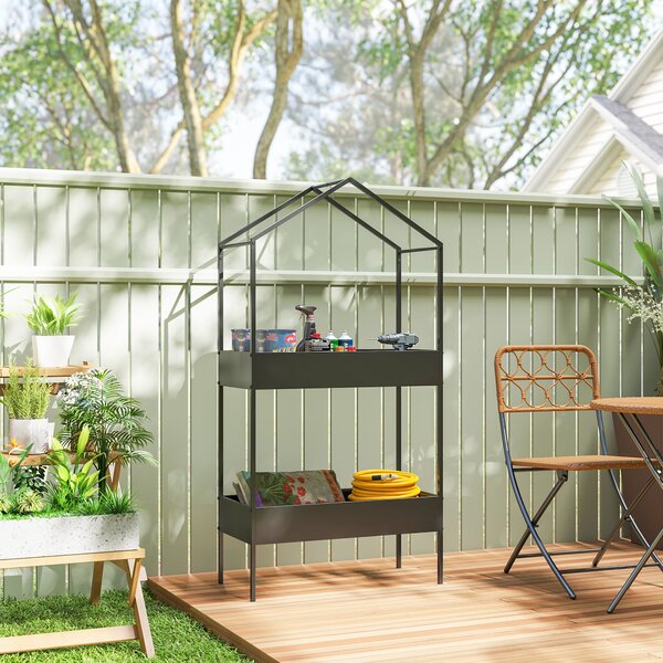 Outsunny Portavaso a 2 livelli a forma di casa, 150 cm di altezza, portafiori con gancio, metallo, Nero | Aosom Italy