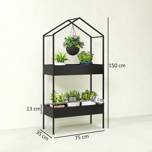 Outsunny Portavaso a 2 livelli a forma di casa, 150 cm di altezza, portafiori con gancio, metallo, Nero | Aosom Italy