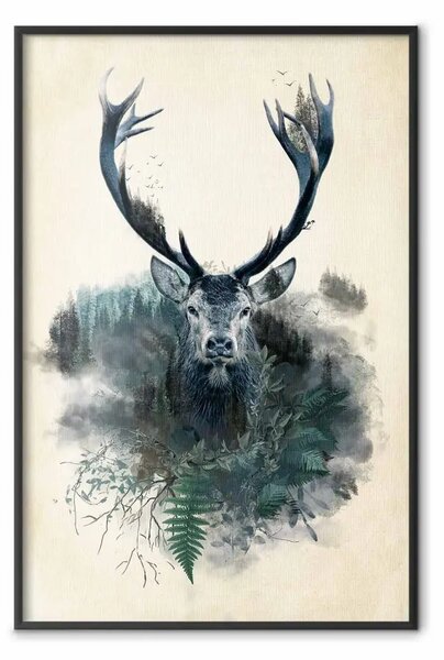 Poster: Spirito foresta - cervo scuro astratto, corna su beige