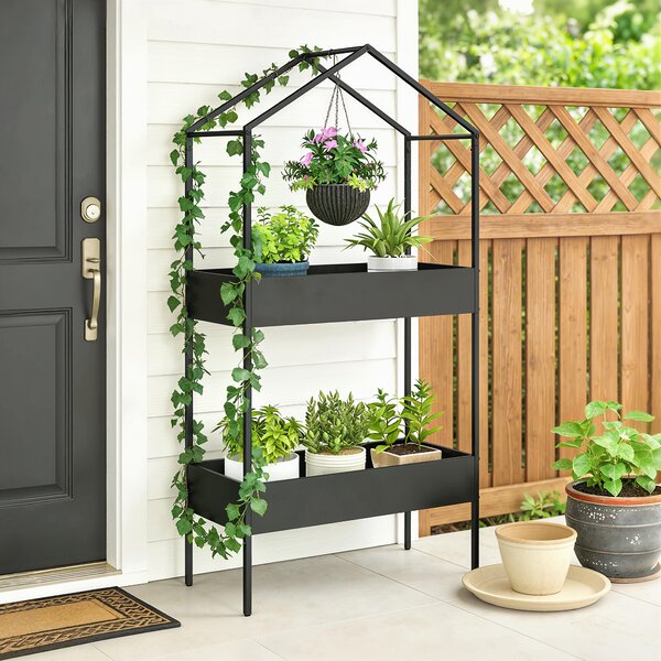 Outsunny Portavaso a 2 livelli a forma di casa, 150 cm di altezza, portafiori con gancio, metallo, Nero | Aosom Italy