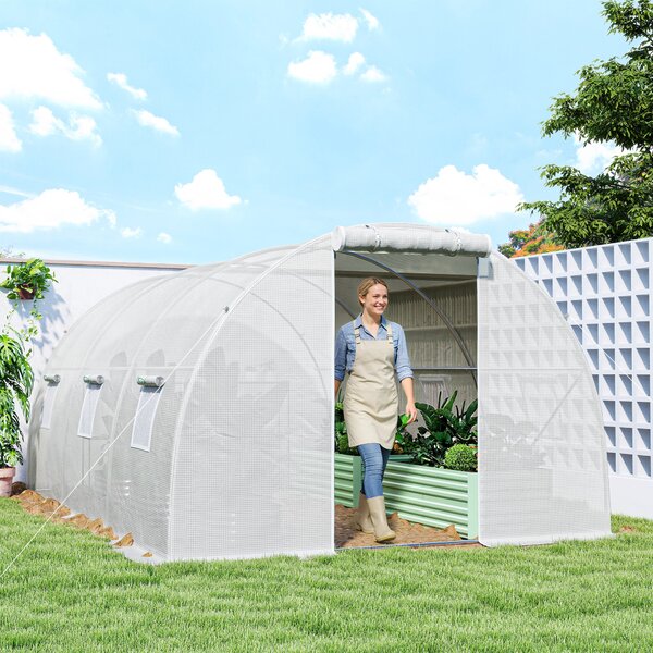 Outsunny Serra da giardino a tunnel 13,5 m² 6 finestre, porta avvolgibile con cerniera telaio acciaio zincato, telo PE 4,5 x 3 x 2 m bianco | Aosom Italy