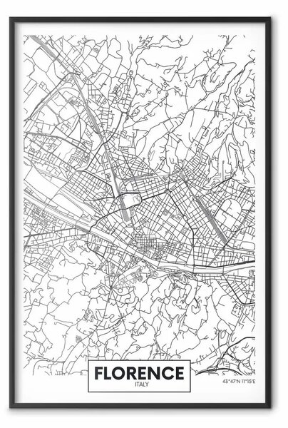 Poster: Mappa di Firenze - mappa topografica nera su sfondo bianco con scritte